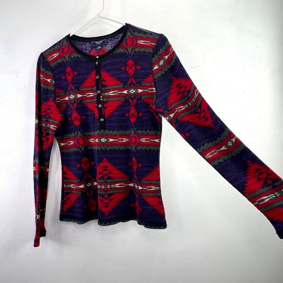 Y2K Chaps Henley Shirt S Thermal Waffle Knit Aztec Southwestern Blue Red - Picture 2 of 5